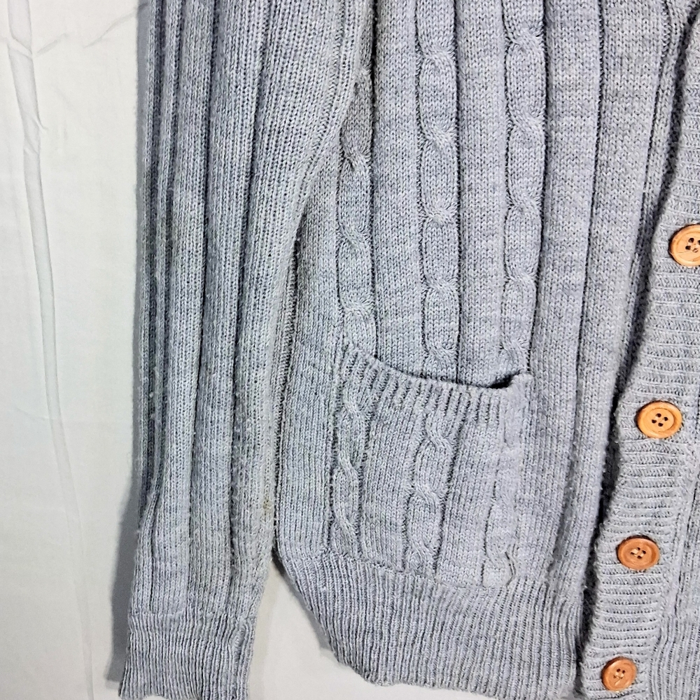 Men's Vintage XL Stretchy Campus Gray Cable Knit ButtonDown Cardigan Sweater - Picture 4 of 8